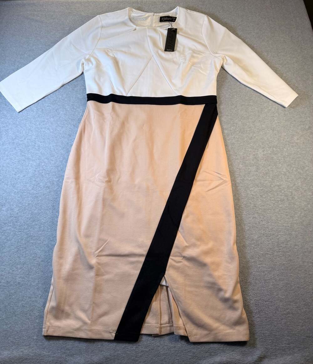 Vfshow Women's Colorblock Contrast 3/4 Sleeve Bodycon Pencil Midi Dress XL